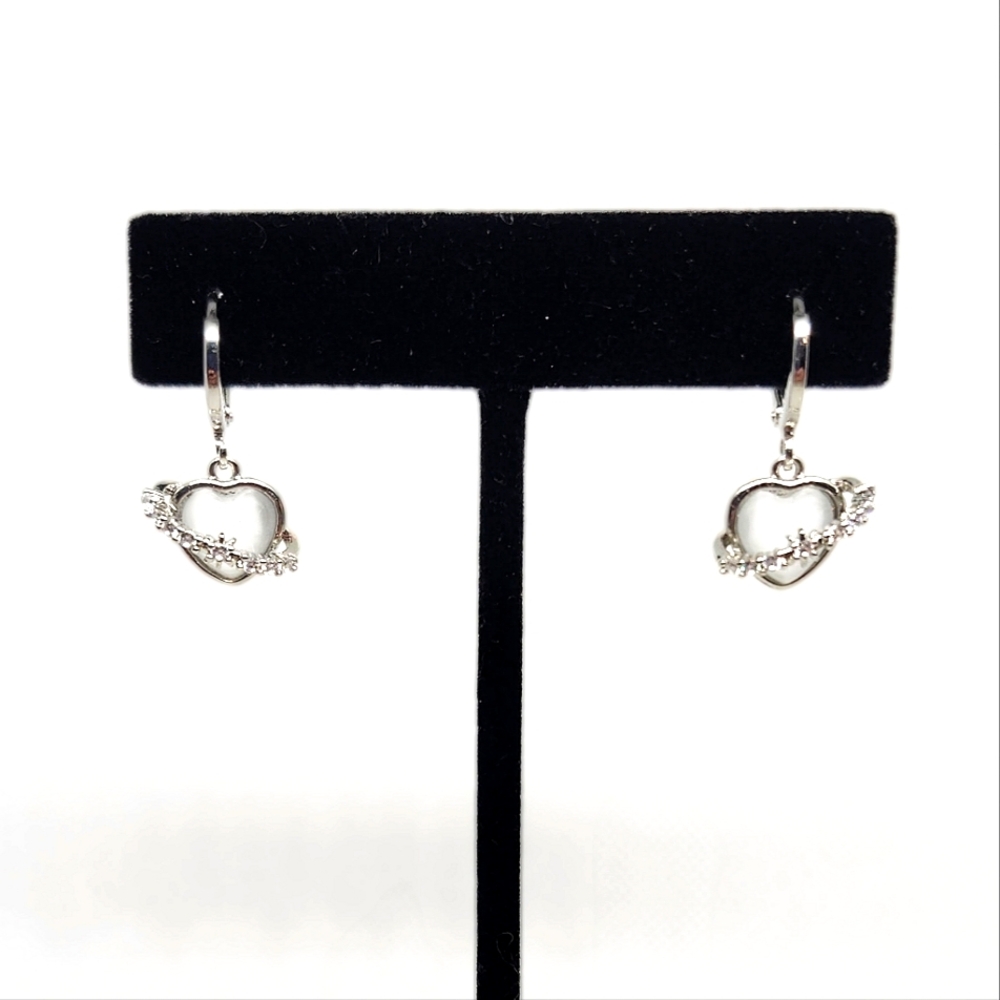 Sterling Silver Plated Cat Eye and Cubic Zirconia Heart Shaped Earrings New WOT